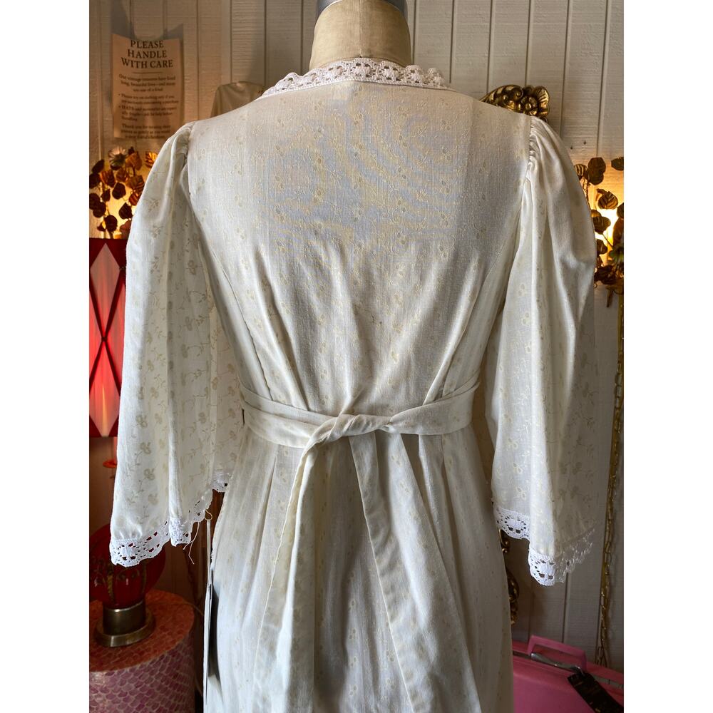 vintage 1970s prairie maxi dress cream cotton bell sleeves crochet lace boho s/m - Picture 8 of 9